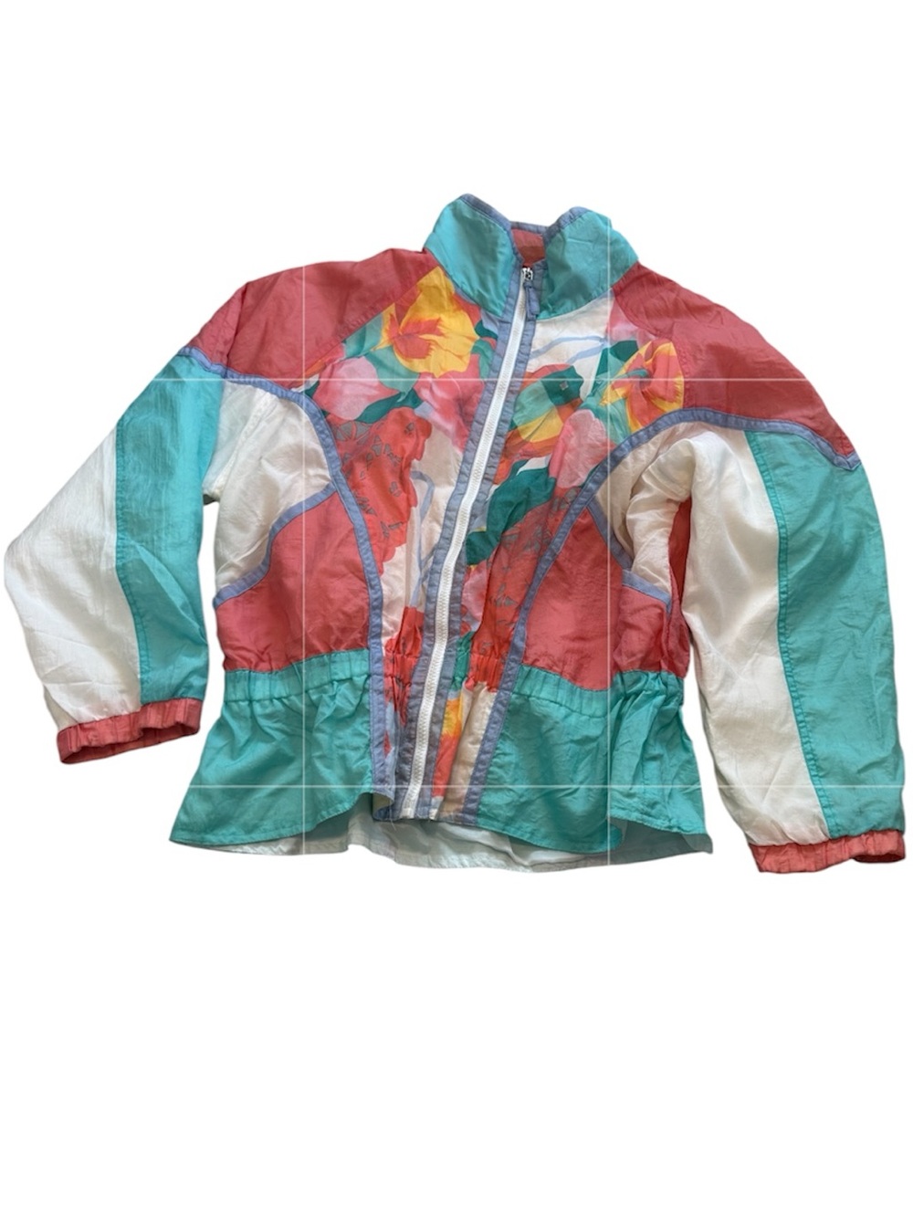 Vintage 90’s mom windbreaker jacket medium pink teal floral white casual camping